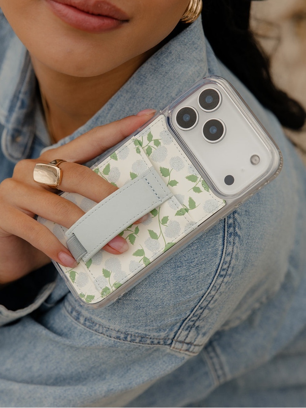 New walli phone case iPhone 17 pro max blue hydrangea floral flower card holder